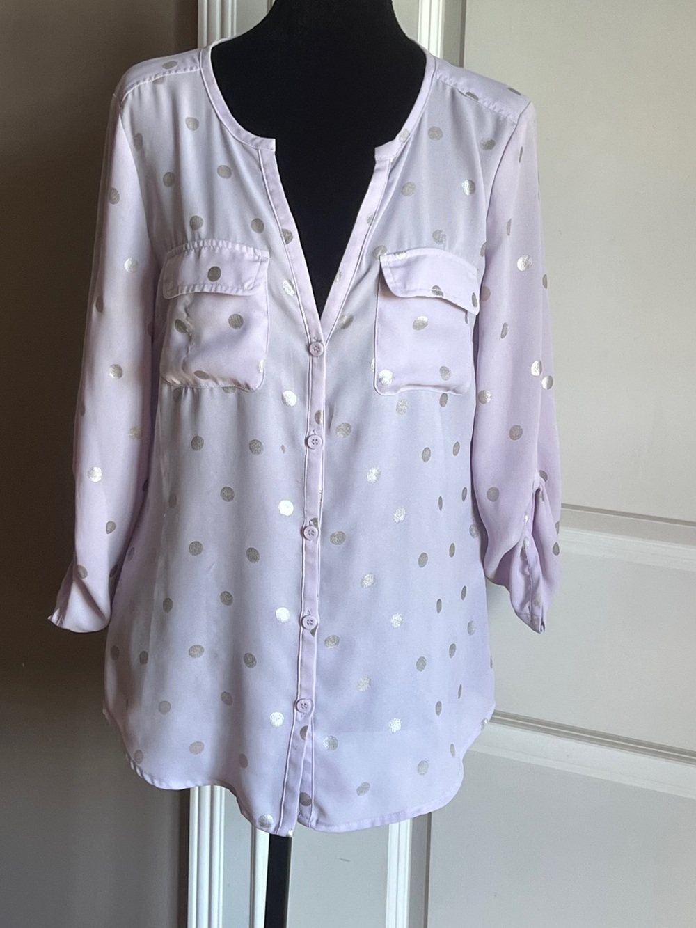 New York & Company Lavender Blouse with Silver Polka Dots